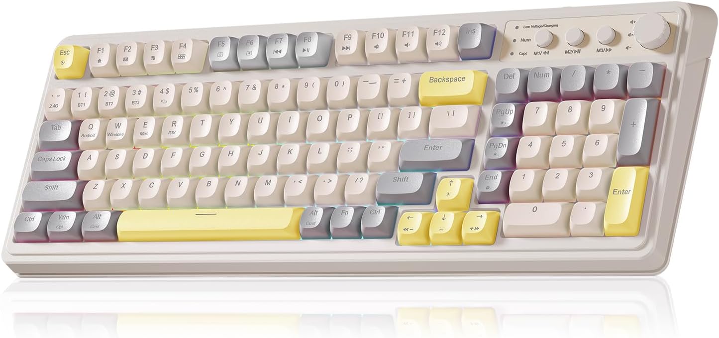 S99 Gaming Keyboard, Ergonomic Computer Keyboards, Wireless Creamy Keyboard Full Size Cute Backlit Media Knob Programmable Tri-Mode Bluetooth/2.4GHz/USB-C Keyboard for PC Gamer - Grey & Yellow