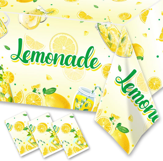 3Pcs Lemonade Table Cloth-Yellow Lemon Theme Disposable Plastic Table Covers Fruit Summer Lemonade Stand Decoration Lemon Rectangular Tablecloth