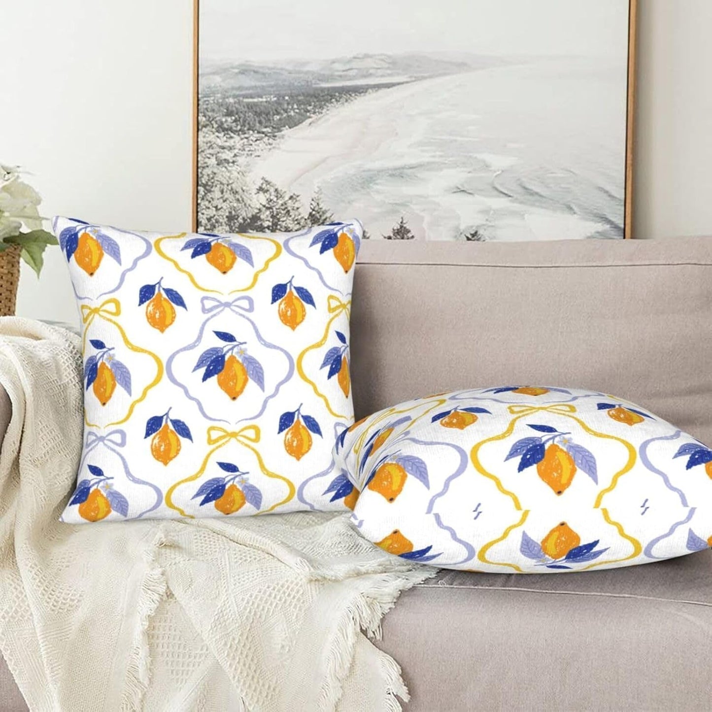 Yellow Blue Lemon Pillow Covers Set of 2 Pack 18x18 Inch Blue Yellow Summer Decorative Throw Pillow Covers Pillowcase Square Cushion Cover for Couch Sofa Living Room Bed