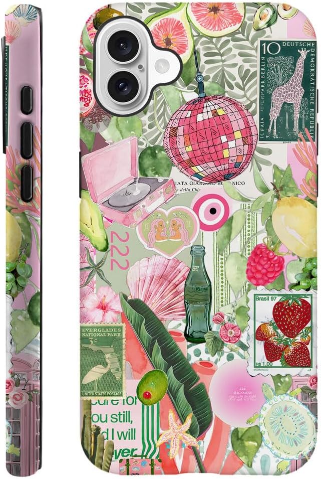 Case Compatible with iPhone 16,Scratch Resistant Hybrid 2-Layer Hard Shell Phone Case,Fruit Green Lemon Strawberry Collage