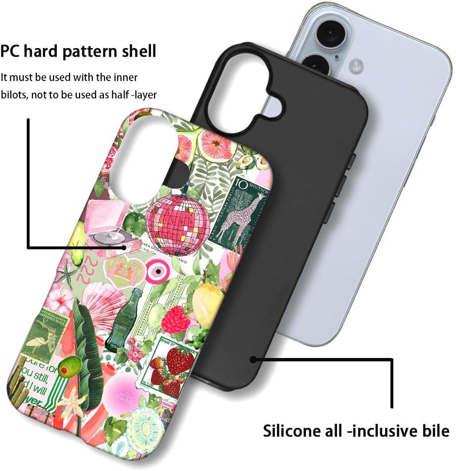 Case Compatible with iPhone 16,Scratch Resistant Hybrid 2-Layer Hard Shell Phone Case,Fruit Green Lemon Strawberry Collage