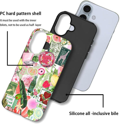 Case Compatible with iPhone 16,Scratch Resistant Hybrid 2-Layer Hard Shell Phone Case,Fruit Green Lemon Strawberry Collage
