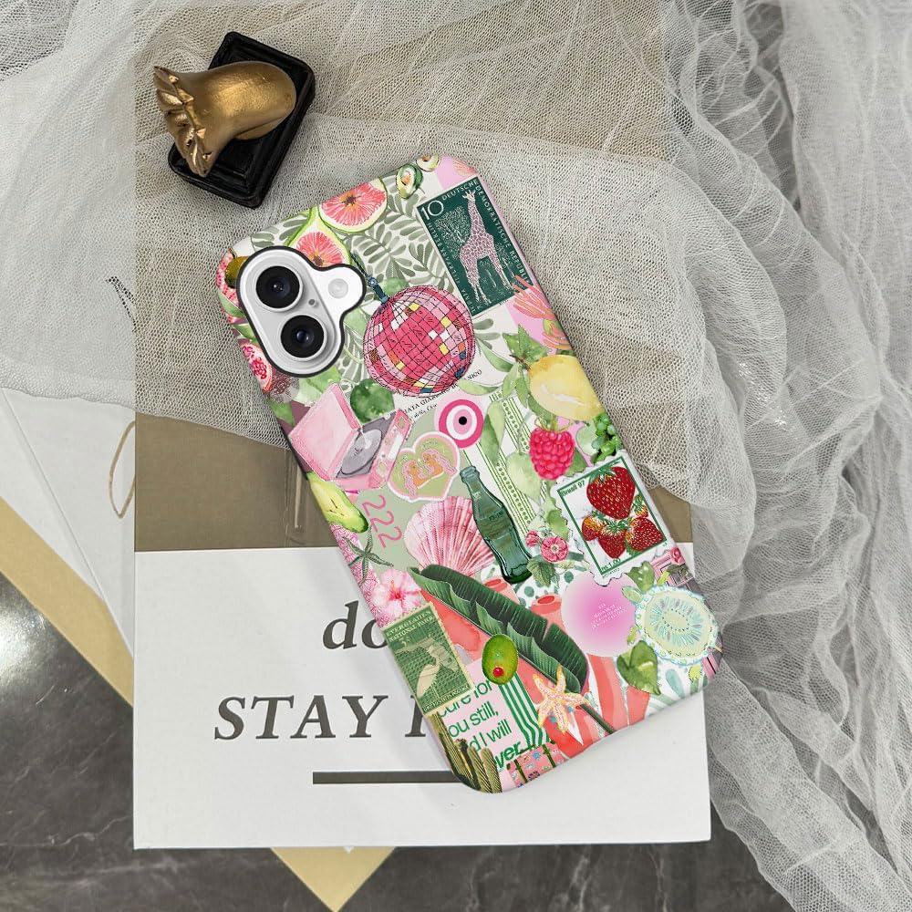 Case Compatible with iPhone 16,Scratch Resistant Hybrid 2-Layer Hard Shell Phone Case,Fruit Green Lemon Strawberry Collage