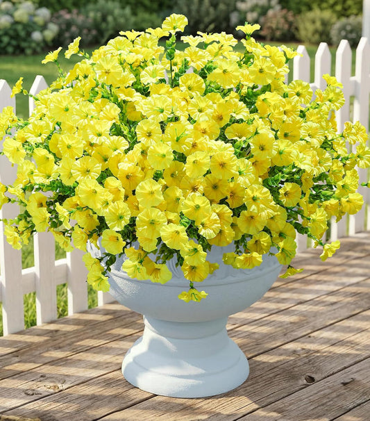 Artificial Flowers Fake Plants for Outdoors Decoration, 12 Bundles Yellow Silk Morning Glory with Eucalyptus Realistic UV Resistant Faux Flowers for Outside Planter Porch Yard Patio Garden Home Indoor