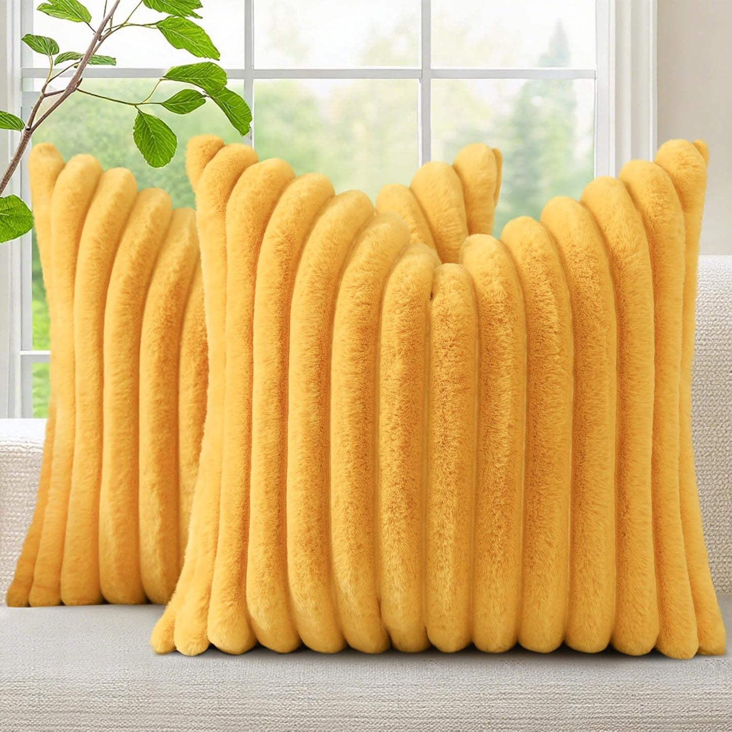 Fall Faux Fur Throw Pillow Covers 24x24 Set of 2 Mustard Yellow | Decorative Soft Cozy Striped Plush Modern Farmhouse Boho Couch Pillow Cases Velvet Back for Sofa Bed Living Room Home Decor