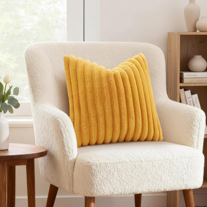 Fall Faux Fur Throw Pillow Covers 24x24 Set of 2 Mustard Yellow | Decorative Soft Cozy Striped Plush Modern Farmhouse Boho Couch Pillow Cases Velvet Back for Sofa Bed Living Room Home Decor