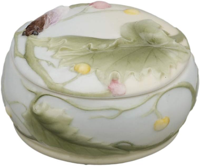 3.5 Inch Porcelain Lidded Trinket Box with Cicada and Leaf Motif