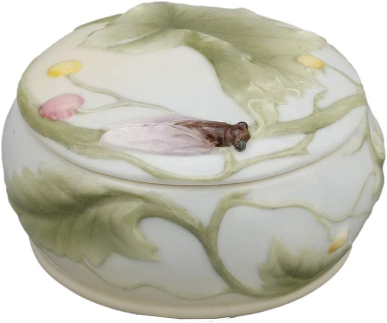 3.5 Inch Porcelain Lidded Trinket Box with Cicada and Leaf Motif