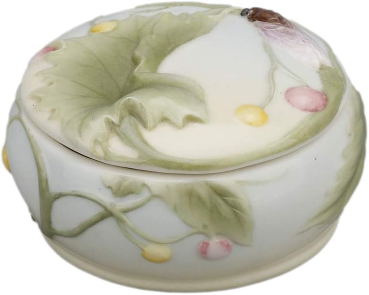 3.5 Inch Porcelain Lidded Trinket Box with Cicada and Leaf Motif