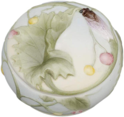 3.5 Inch Porcelain Lidded Trinket Box with Cicada and Leaf Motif