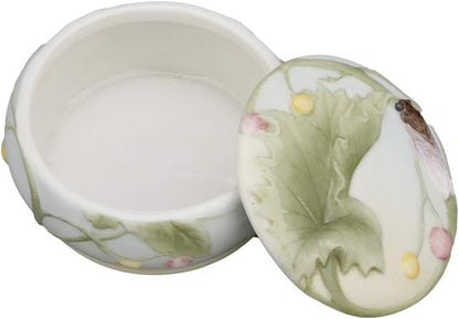 3.5 Inch Porcelain Lidded Trinket Box with Cicada and Leaf Motif