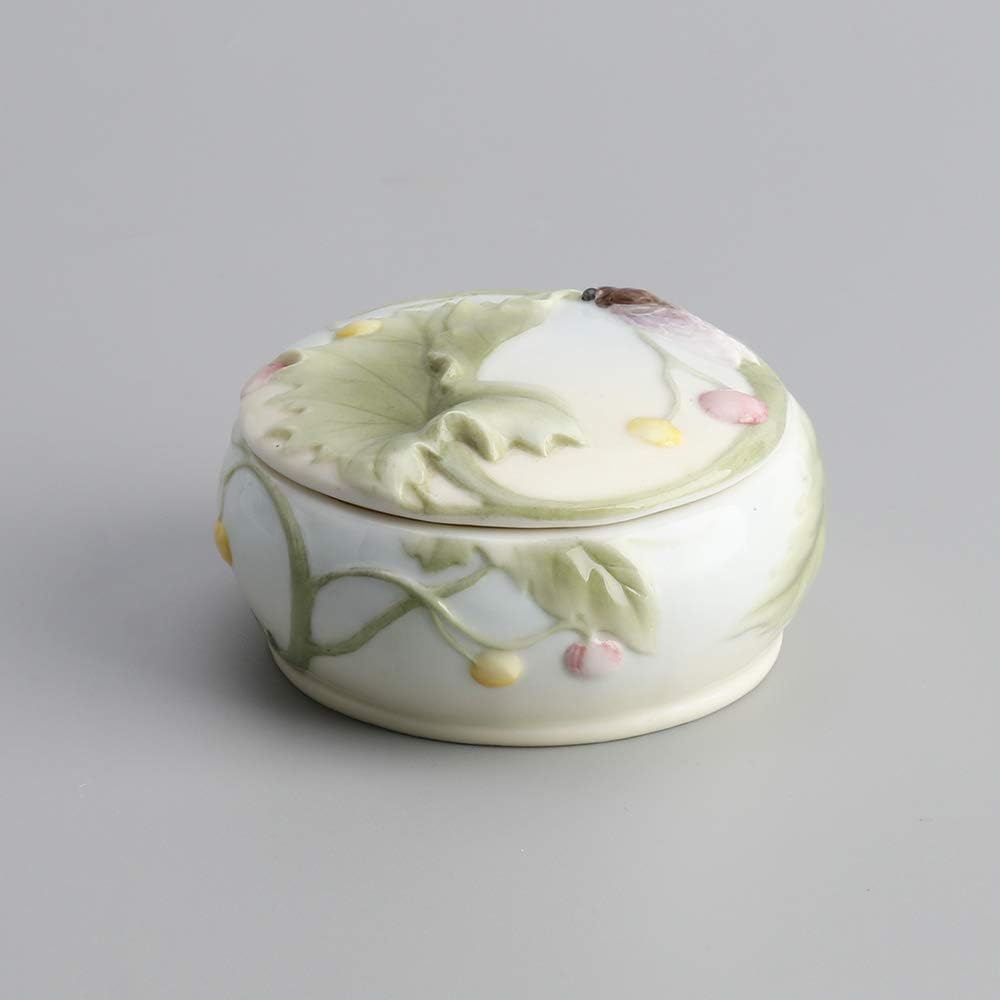 3.5 Inch Porcelain Lidded Trinket Box with Cicada and Leaf Motif