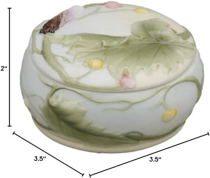 3.5 Inch Porcelain Lidded Trinket Box with Cicada and Leaf Motif