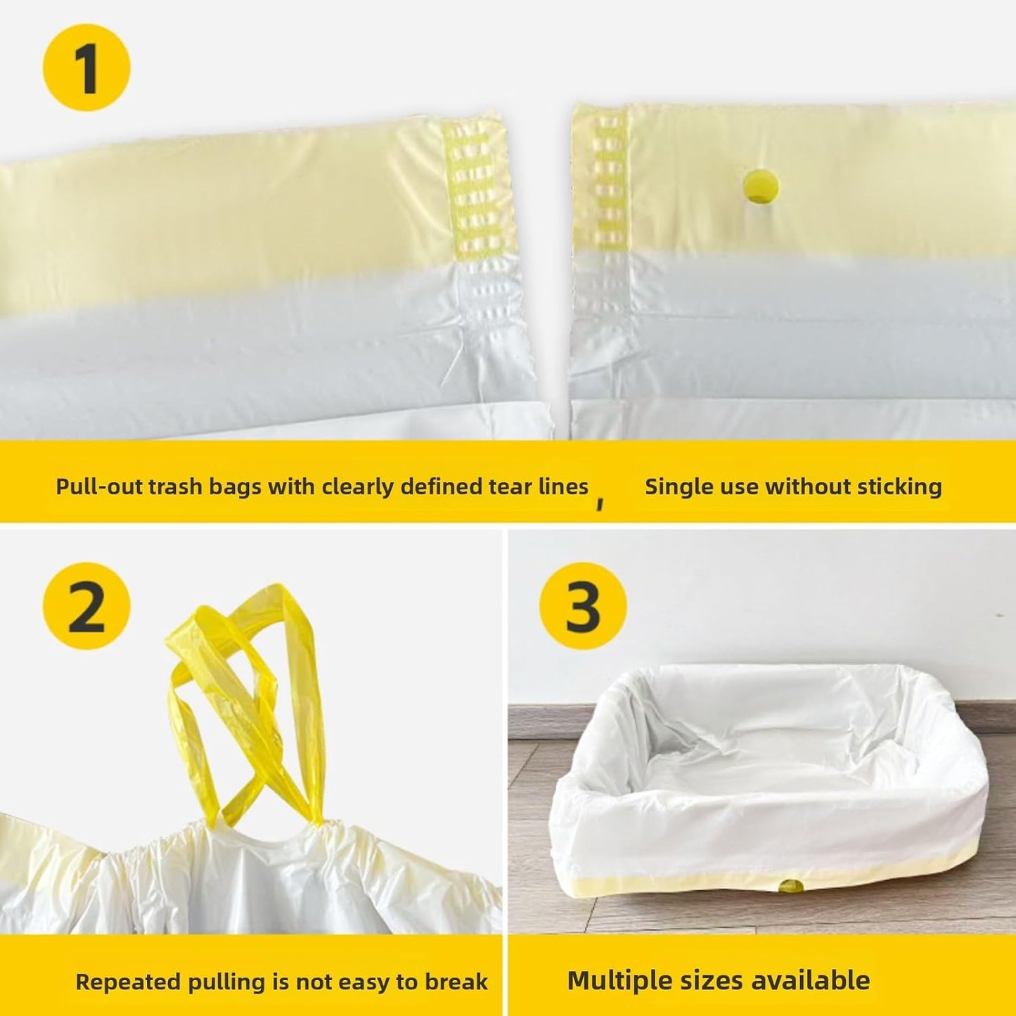 Universal Drawstring Cat Litter Box Liners, Thickened Continuous Roll Pet Waste Bags for Cat Toilets (White [Yellow Rope] 94×45CM, 10pcs/roll)