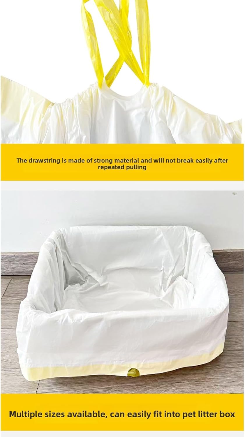 Universal Drawstring Cat Litter Box Liners, Thickened Continuous Roll Pet Waste Bags for Cat Toilets (White [Yellow Rope] 94×45CM, 10pcs/roll)