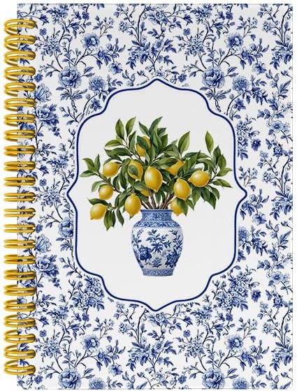 Blue and White Chinoiserie Lemon Notebook Journal, Grandmillennial Floral Bow Lemon Journal Gifts for Women, Amalfi Coast Spiral Hardcover Notebook for Work Study, 5.5x8.3 Inch