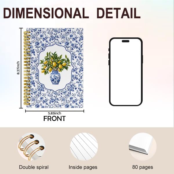 Blue and White Chinoiserie Lemon Notebook Journal, Grandmillennial Floral Bow Lemon Journal Gifts for Women, Amalfi Coast Spiral Hardcover Notebook for Work Study, 5.5x8.3 Inch