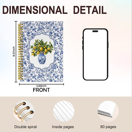 Blue and White Chinoiserie Lemon Notebook Journal, Grandmillennial Floral Bow Lemon Journal Gifts for Women, Amalfi Coast Spiral Hardcover Notebook for Work Study, 5.5x8.3 Inch