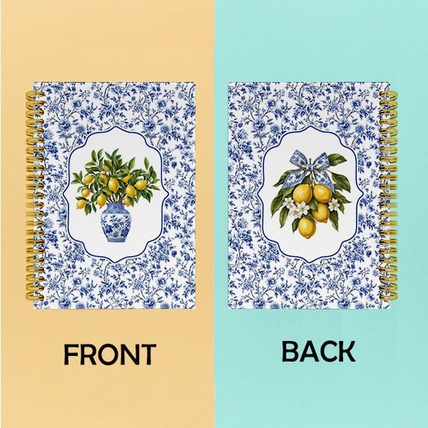 Blue and White Chinoiserie Lemon Notebook Journal, Grandmillennial Floral Bow Lemon Journal Gifts for Women, Amalfi Coast Spiral Hardcover Notebook for Work Study, 5.5x8.3 Inch