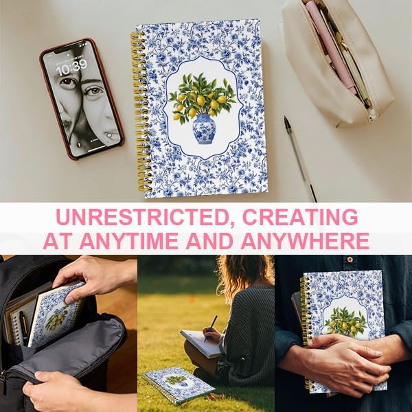 Blue and White Chinoiserie Lemon Notebook Journal, Grandmillennial Floral Bow Lemon Journal Gifts for Women, Amalfi Coast Spiral Hardcover Notebook for Work Study, 5.5x8.3 Inch