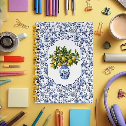 Blue and White Chinoiserie Lemon Notebook Journal, Grandmillennial Floral Bow Lemon Journal Gifts for Women, Amalfi Coast Spiral Hardcover Notebook for Work Study, 5.5x8.3 Inch