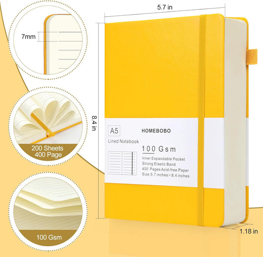 Journals for Writing 400 Pages, A5 Leather Ruled Notebook, 100 Gms College Ruled Journal with Thick Paper, Hardcover with Inner Pocket & Pen Holder, Yellow