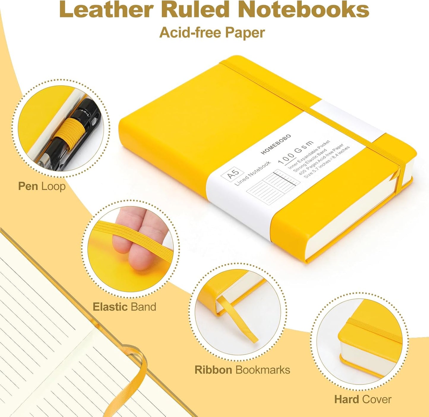 Journals for Writing 400 Pages, A5 Leather Ruled Notebook, 100 Gms College Ruled Journal with Thick Paper, Hardcover with Inner Pocket & Pen Holder, Yellow