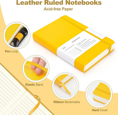 Journals for Writing 400 Pages, A5 Leather Ruled Notebook, 100 Gms College Ruled Journal with Thick Paper, Hardcover with Inner Pocket & Pen Holder, Yellow