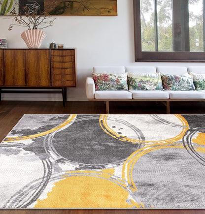 Evora Modern Yellow Area Rug, Contemporary Circles Design, Non-Shedding Carpet for Large Living Room or Bedroom, 7'10" x 10'