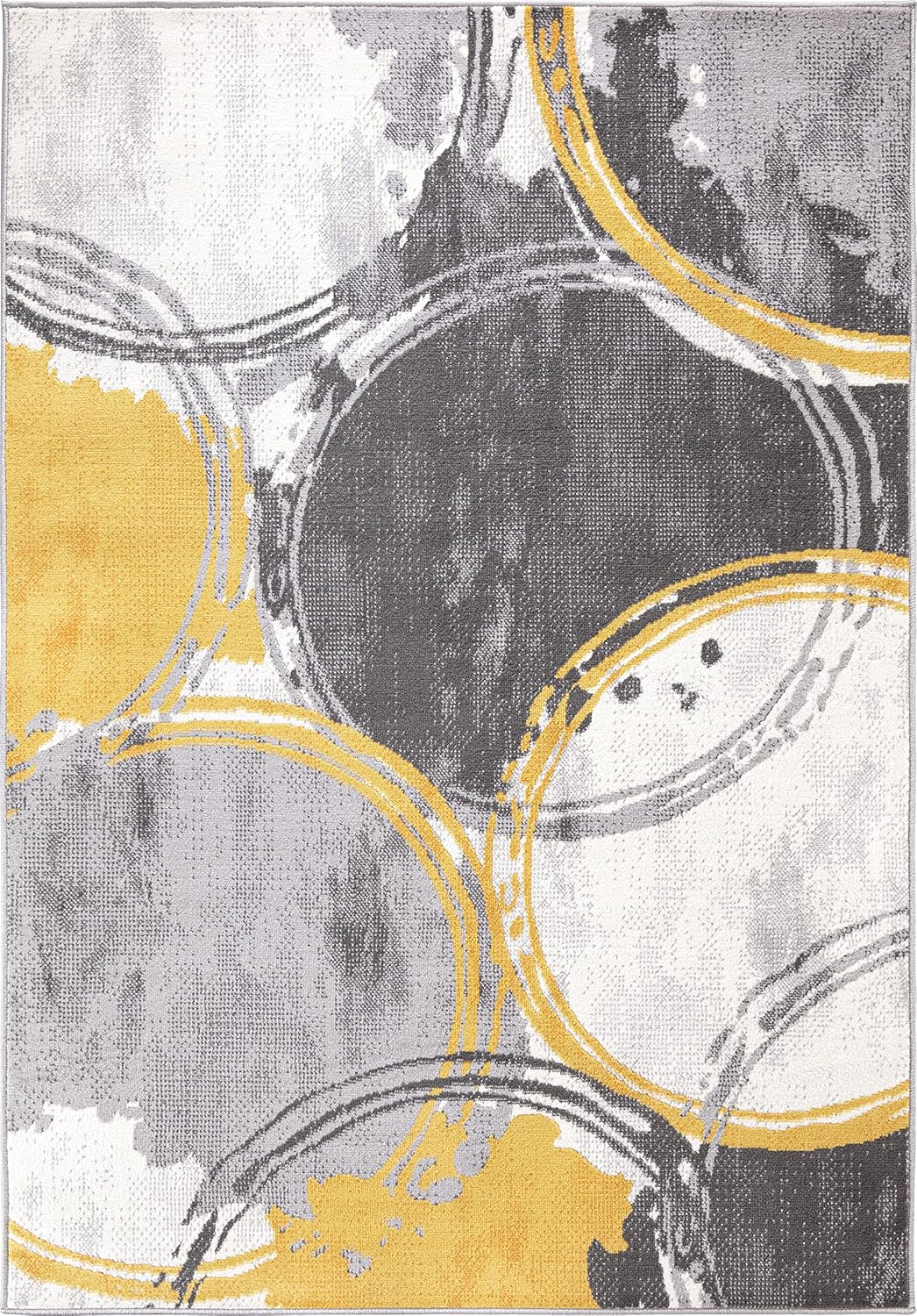 Evora Modern Yellow Area Rug, Contemporary Circles Design, Non-Shedding Carpet for Large Living Room or Bedroom, 7'10" x 10'