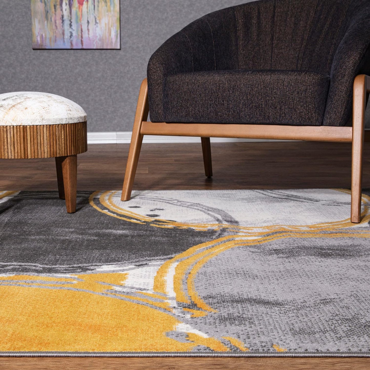 Evora Modern Yellow Area Rug, Contemporary Circles Design, Non-Shedding Carpet for Large Living Room or Bedroom, 7'10" x 10'