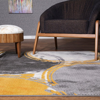 Evora Modern Yellow Area Rug, Contemporary Circles Design, Non-Shedding Carpet for Large Living Room or Bedroom, 7'10" x 10'