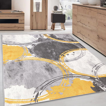 Evora Modern Yellow Area Rug, Contemporary Circles Design, Non-Shedding Carpet for Large Living Room or Bedroom, 7'10" x 10'