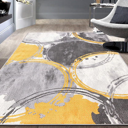 Evora Modern Yellow Area Rug, Contemporary Circles Design, Non-Shedding Carpet for Large Living Room or Bedroom, 7'10" x 10'