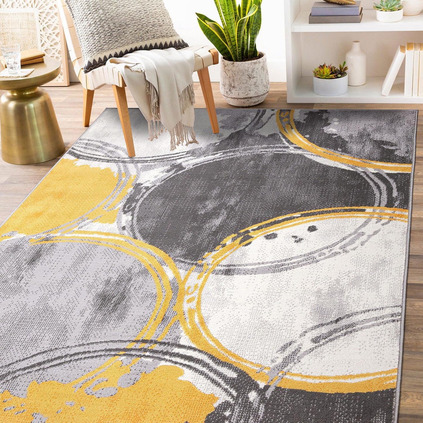 Evora Modern Yellow Area Rug, Contemporary Circles Design, Non-Shedding Carpet for Large Living Room or Bedroom, 7'10" x 10'
