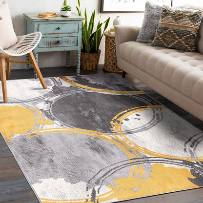 Evora Modern Yellow Area Rug, Contemporary Circles Design, Non-Shedding Carpet for Large Living Room or Bedroom, 7'10" x 10'