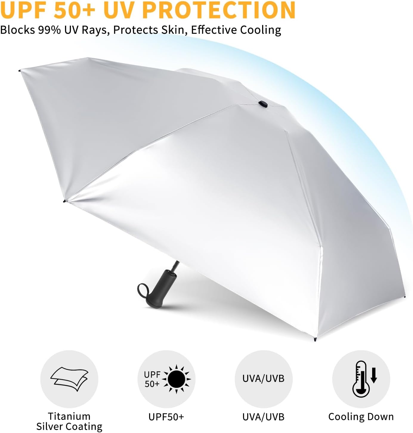 Mini Travel Umbrella - UPF 50+ Sun Protection Compact Manual Open Folding | Telescopic Hidden handle, UPF 50+ UV Protection, 6.7inch 0.47lb Lightweight Small Sun Umbrella, Silver Parasol