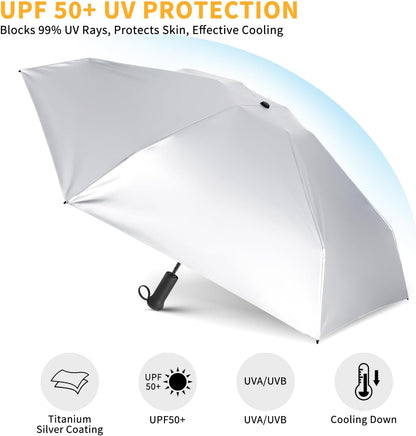 Mini Travel Umbrella - UPF 50+ Sun Protection Compact Manual Open Folding | Telescopic Hidden handle, UPF 50+ UV Protection, 6.7inch 0.47lb Lightweight Small Sun Umbrella, Silver Parasol