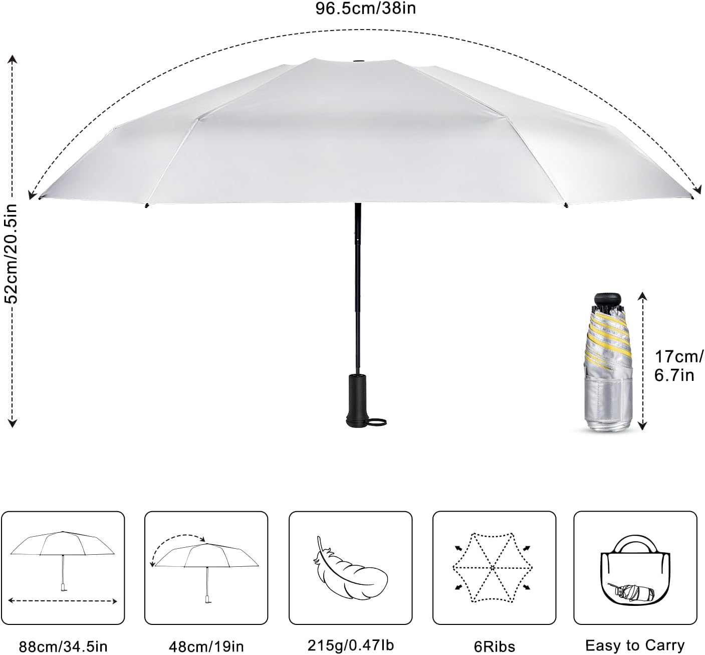 Mini Travel Umbrella - UPF 50+ Sun Protection Compact Manual Open Folding | Telescopic Hidden handle, UPF 50+ UV Protection, 6.7inch 0.47lb Lightweight Small Sun Umbrella, Silver Parasol