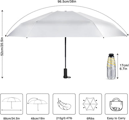 Mini Travel Umbrella - UPF 50+ Sun Protection Compact Manual Open Folding | Telescopic Hidden handle, UPF 50+ UV Protection, 6.7inch 0.47lb Lightweight Small Sun Umbrella, Silver Parasol