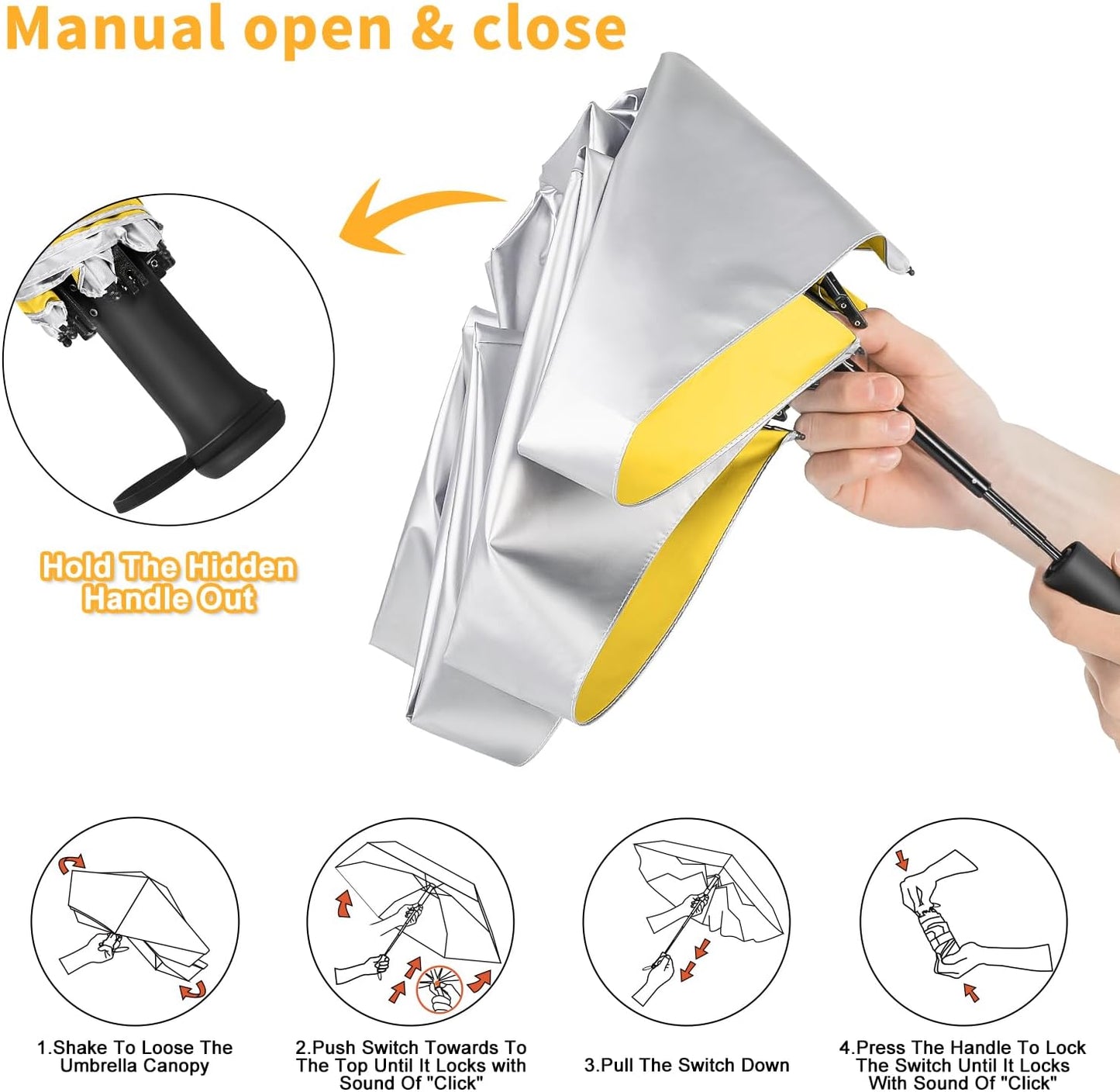 Mini Travel Umbrella - UPF 50+ Sun Protection Compact Manual Open Folding | Telescopic Hidden handle, UPF 50+ UV Protection, 6.7inch 0.47lb Lightweight Small Sun Umbrella, Silver Parasol