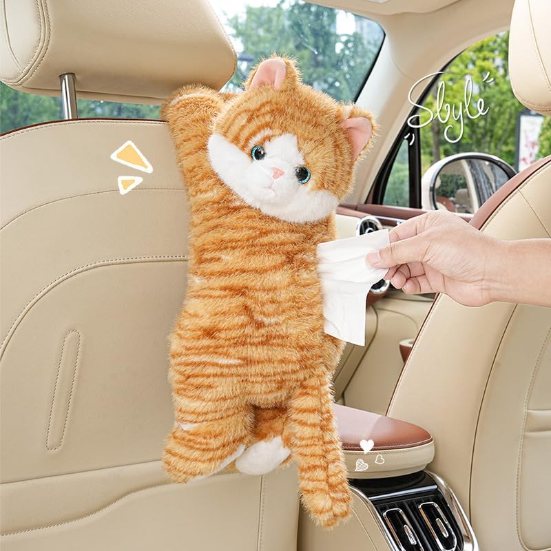 Cute Cat Car Tissue Box Cover with Plush Doll, Hanging Vehicle Interior Organizer, Adorable Auto Decoration & Practical Accessory (Yellow)