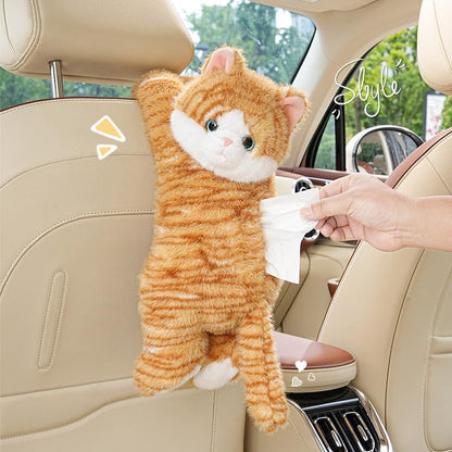Cute Cat Car Tissue Box Cover with Plush Doll, Hanging Vehicle Interior Organizer, Adorable Auto Decoration & Practical Accessory (Yellow)