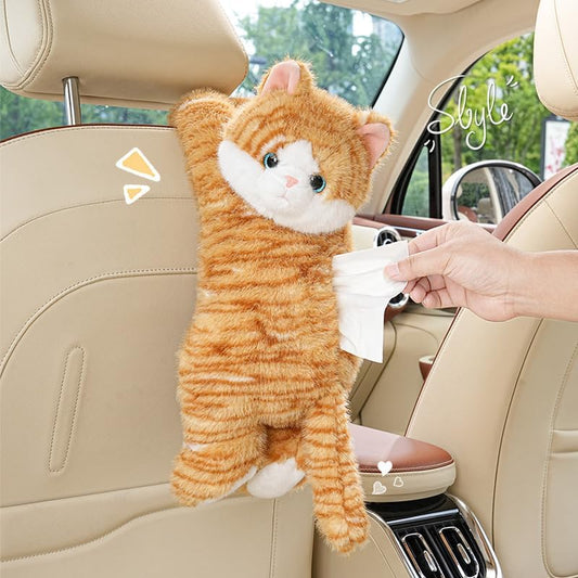 Cute Cat Car Tissue Box Cover with Plush Doll, Hanging Vehicle Interior Organizer, Adorable Auto Decoration & Practical Accessory (Yellow)