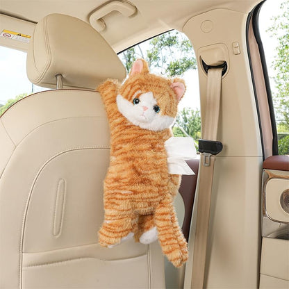 Cute Cat Car Tissue Box Cover with Plush Doll, Hanging Vehicle Interior Organizer, Adorable Auto Decoration & Practical Accessory (Yellow)
