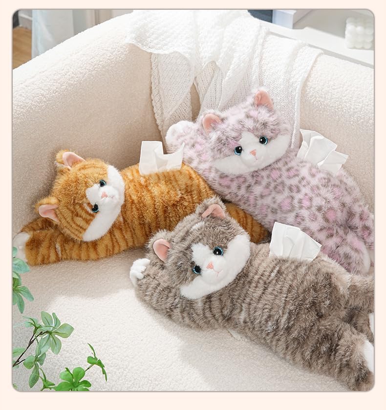 Cute Cat Car Tissue Box Cover with Plush Doll, Hanging Vehicle Interior Organizer, Adorable Auto Decoration & Practical Accessory (Yellow)