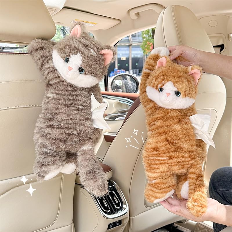 Cute Cat Car Tissue Box Cover with Plush Doll, Hanging Vehicle Interior Organizer, Adorable Auto Decoration & Practical Accessory (Yellow)