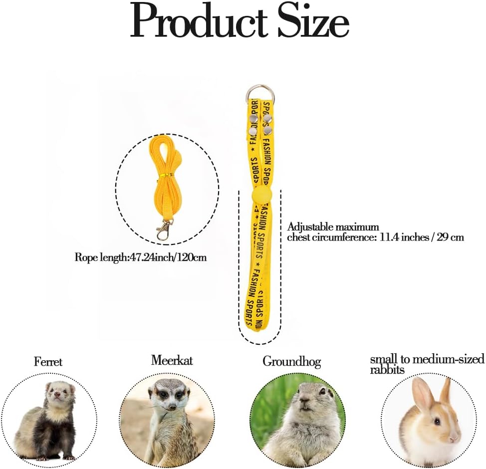 Pet Adjustable Escape Proof Harness and Leash Set for Small Animals, Escape Resistant Figure 8 Harness for Ferret, Meerkat, Groundhog, Guinea Pig, Hedgehog - Small to Medium Size Rabbit (Yellow)