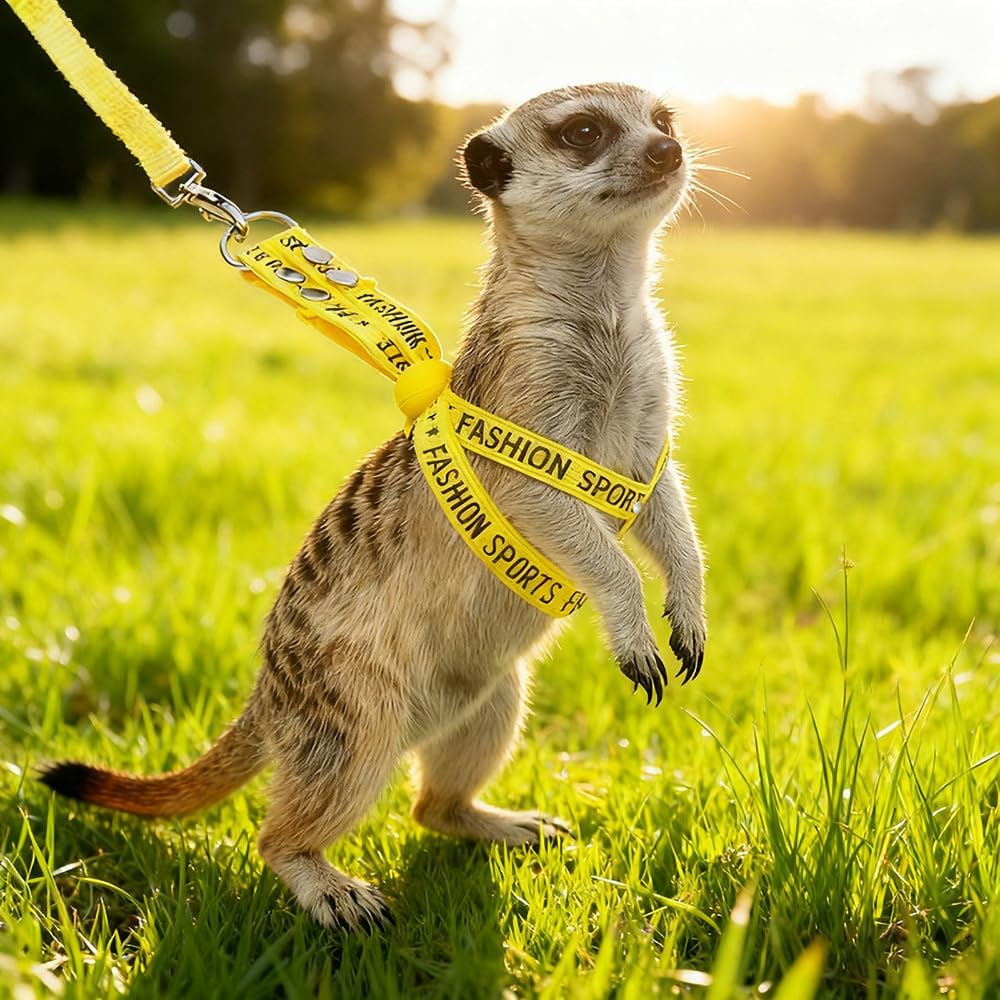 Pet Adjustable Escape Proof Harness and Leash Set for Small Animals, Escape Resistant Figure 8 Harness for Ferret, Meerkat, Groundhog, Guinea Pig, Hedgehog - Small to Medium Size Rabbit (Yellow)