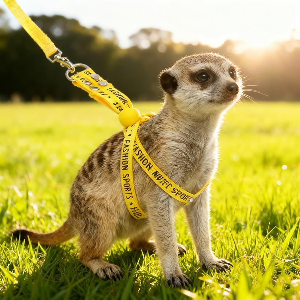 Pet Adjustable Escape Proof Harness and Leash Set for Small Animals, Escape Resistant Figure 8 Harness for Ferret, Meerkat, Groundhog, Guinea Pig, Hedgehog - Small to Medium Size Rabbit (Yellow)